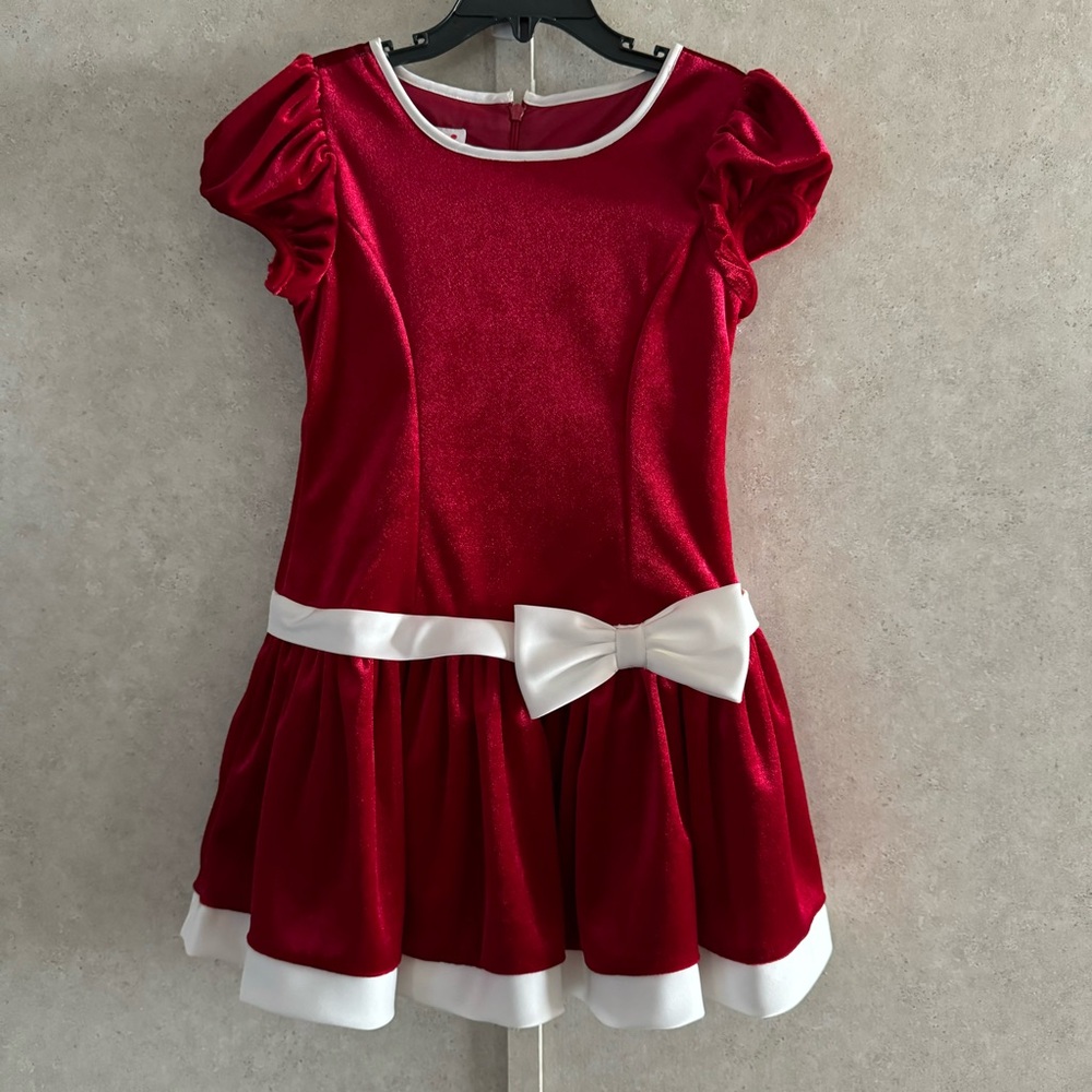 Beautiful Red Velour with white bow and trim dress for little girls size 5
